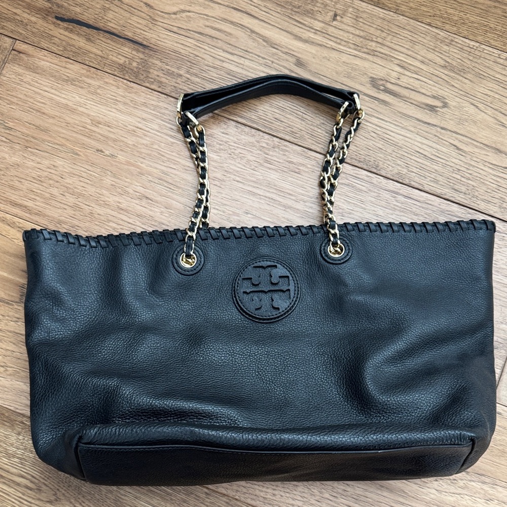 Tory Burch Black Leather Tote with Gold Chain